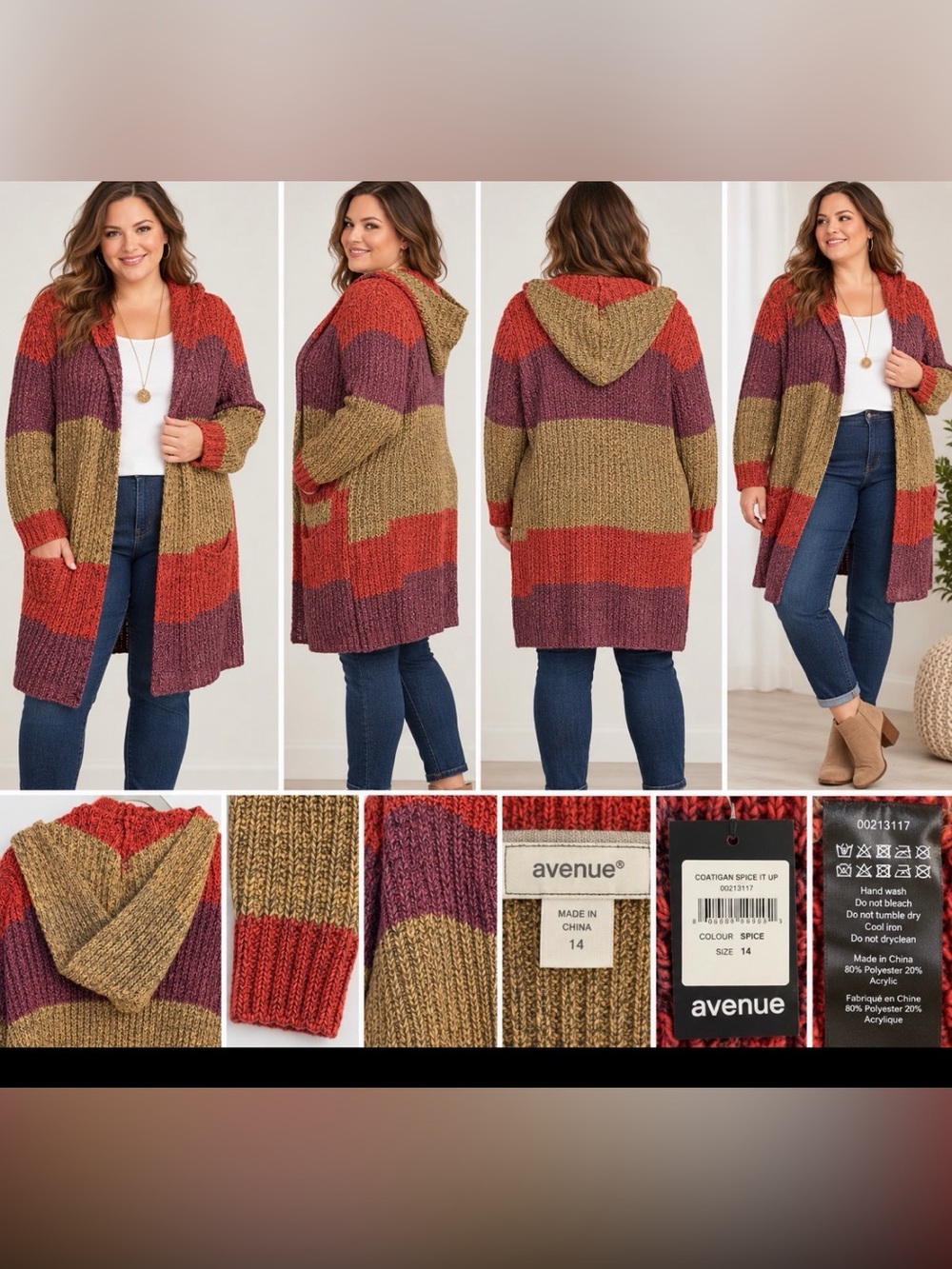 NWT Avenue Spice It Up Size 14 Hooded Long Cardigan Colorblock Sweater